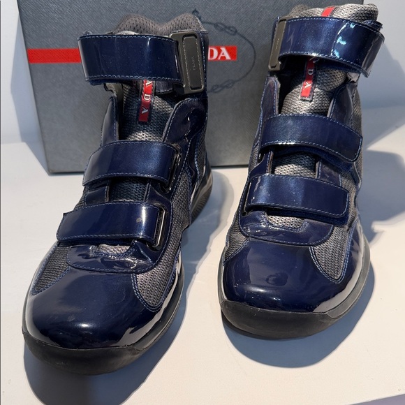 Prada Dark Blue High-Top Patent leather Sneakers with Red Detail - Picture 2 of 12